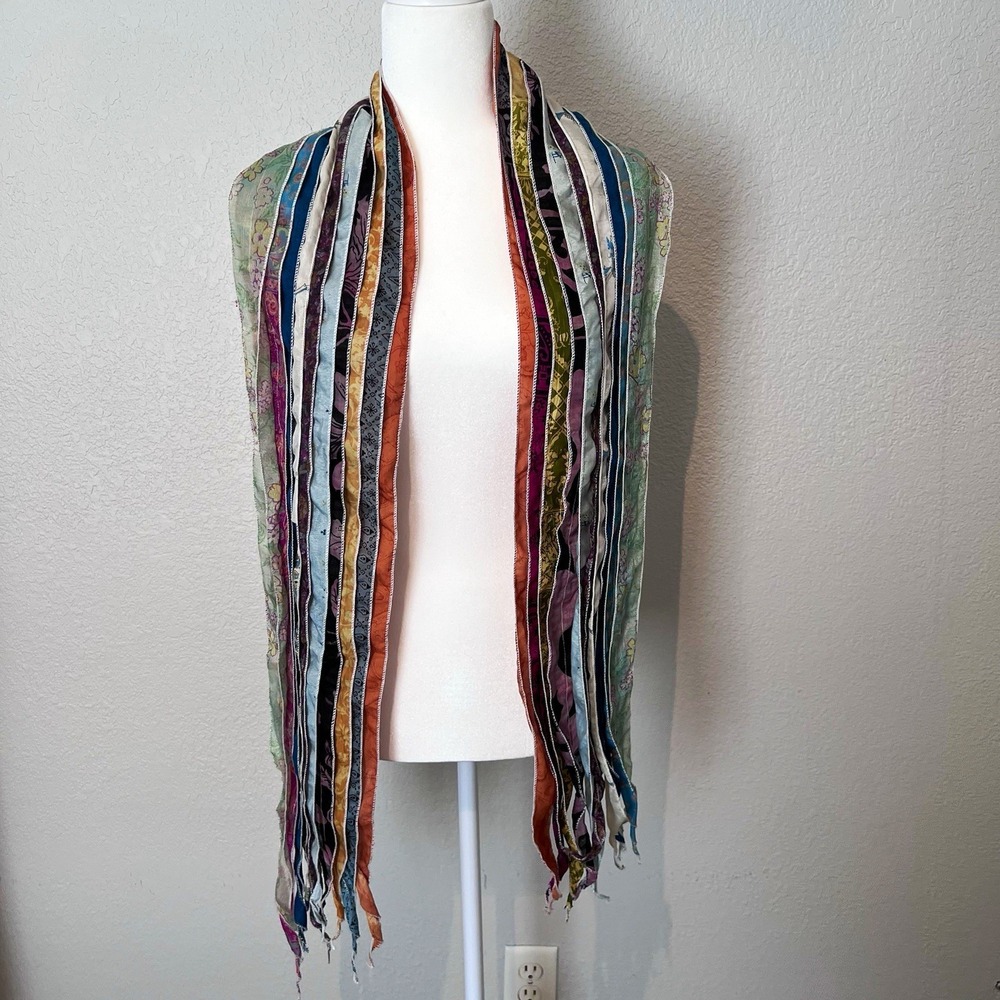 VTG India 100% Silk Upcycled Sari Ribbon Scarf Multi Strand Strip Patchwork Boho